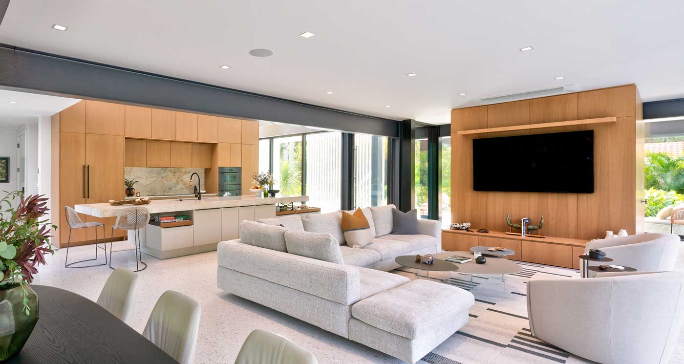 The great room under the steel frame