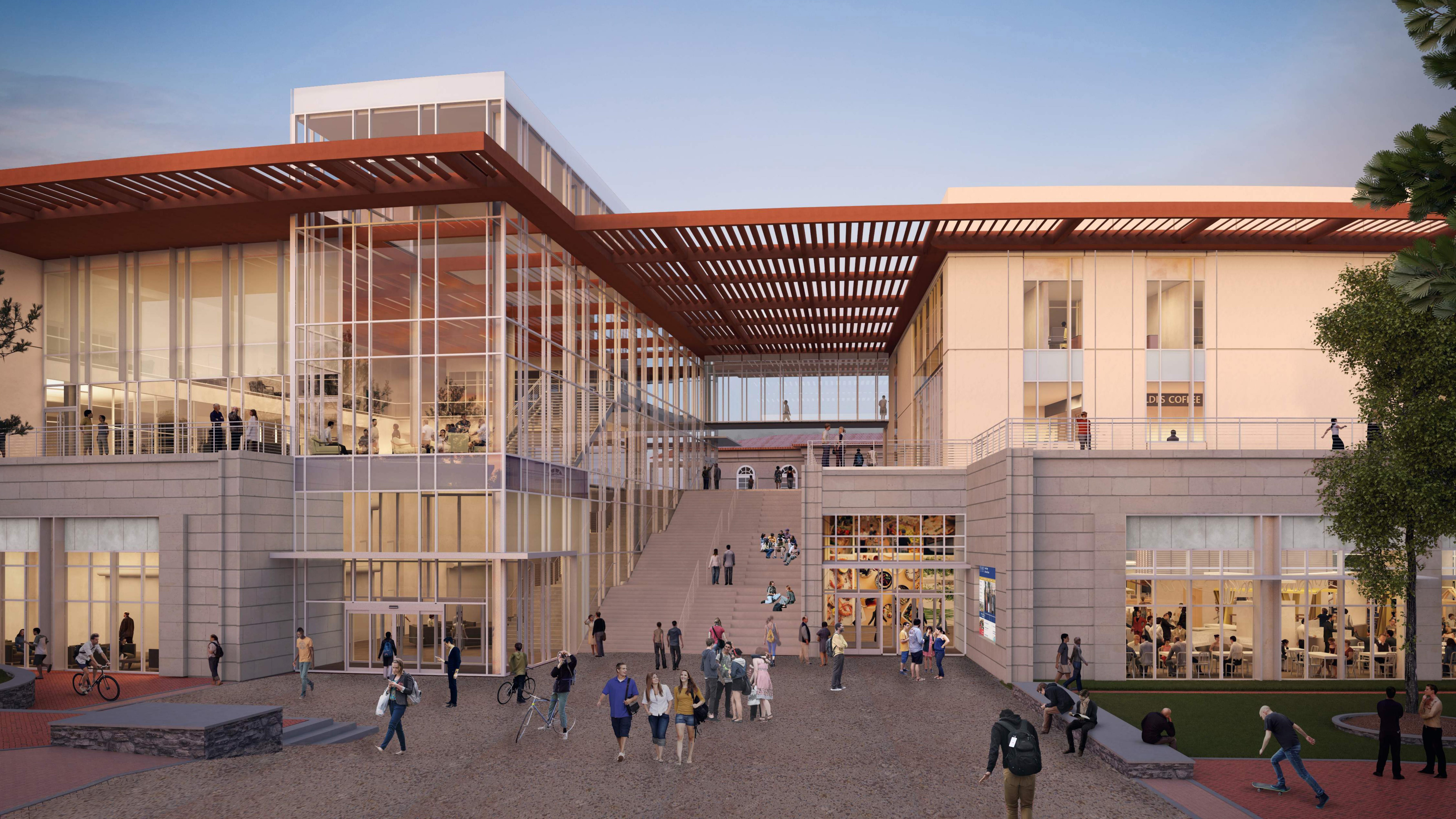 The Emory University Commons is centrally located at the intersection of dormitories, athletic center, medical center and campus quad – and designed not just to facilitate student traffic, but to provide welcoming spaces for it.