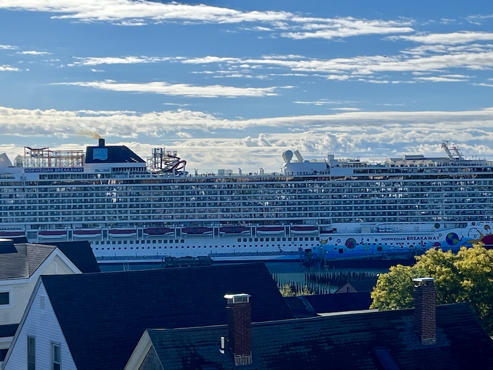 cruise ship and roof tops