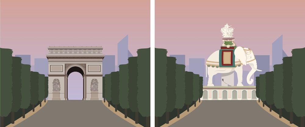 Like: Instead of the Arc de Triomphe in Paris, a giant elephant in battle dress took its place?