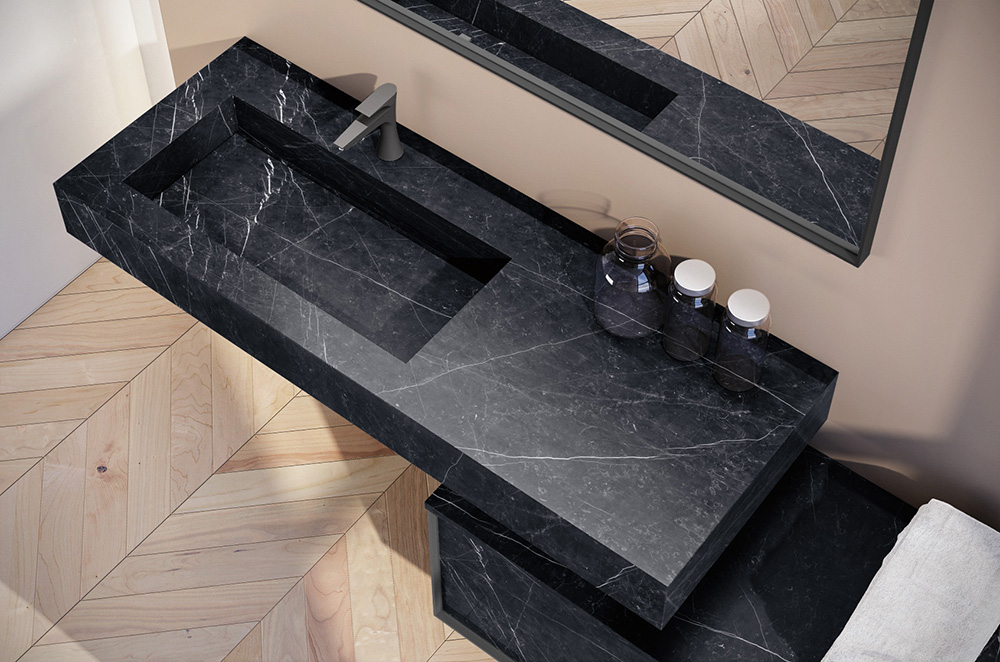 “We wanted to create a modular system where the users are allowed to make their own pieces,” says Bob Gifford, director of business development at Hastings Tile & Bath.