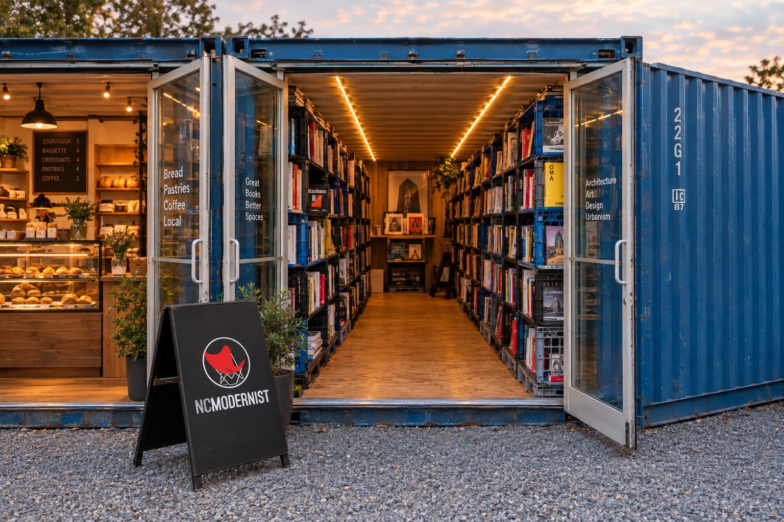 Shipping containers opened at dusk, lined floor to ceiling with architecture books, beside a bakery counter